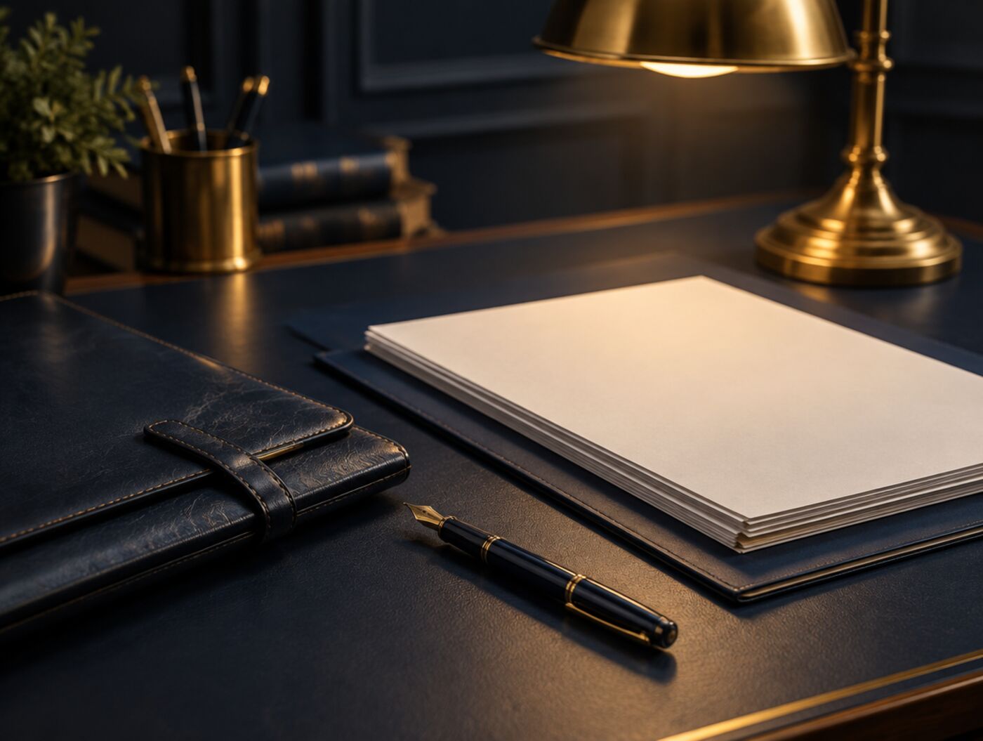 Leather portfolio, pen and documents on a navy desk